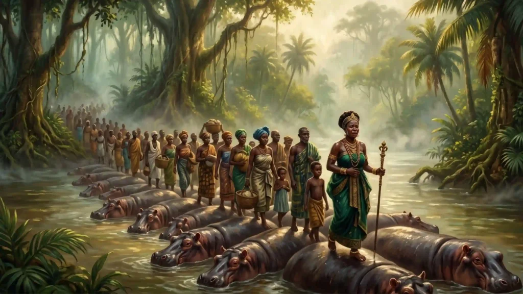 La traversée miraculeuse du fleuve Comoé par le peuple Baoulé sur le dos des hippopotames