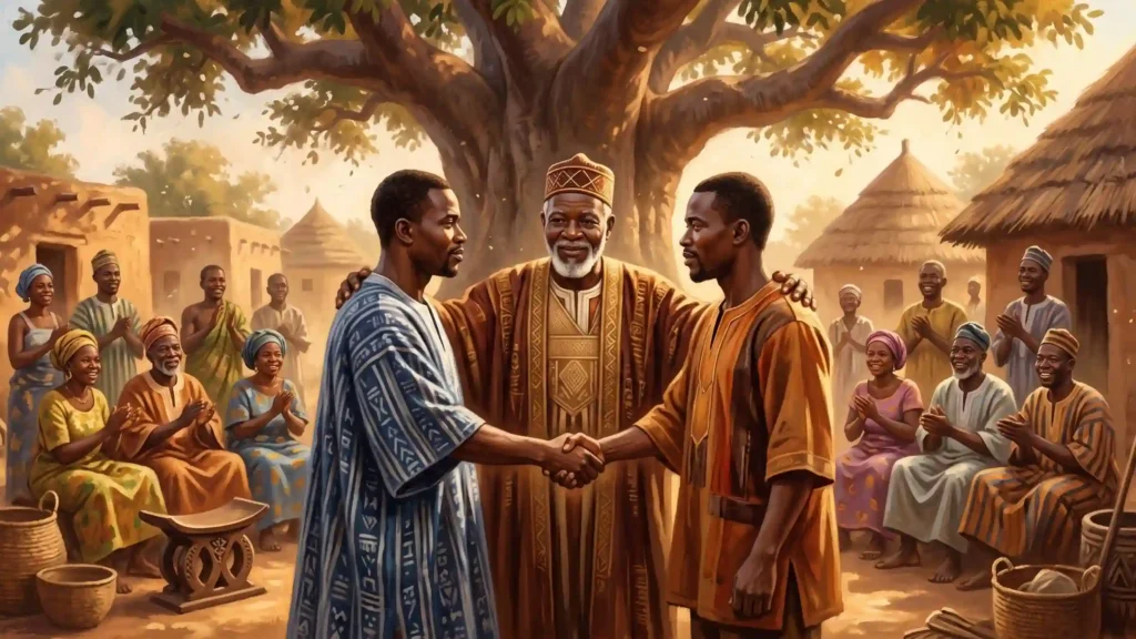 Réconciliation sous l'arbre à palabres guidée par un ancien dans la tradition africaine