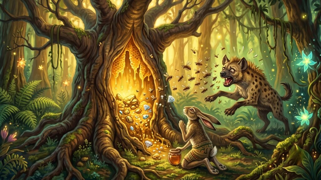 Leuk prenant le miel du baobab sacré tandis que Bouky est chassée par les abeilles pour sa cupidité