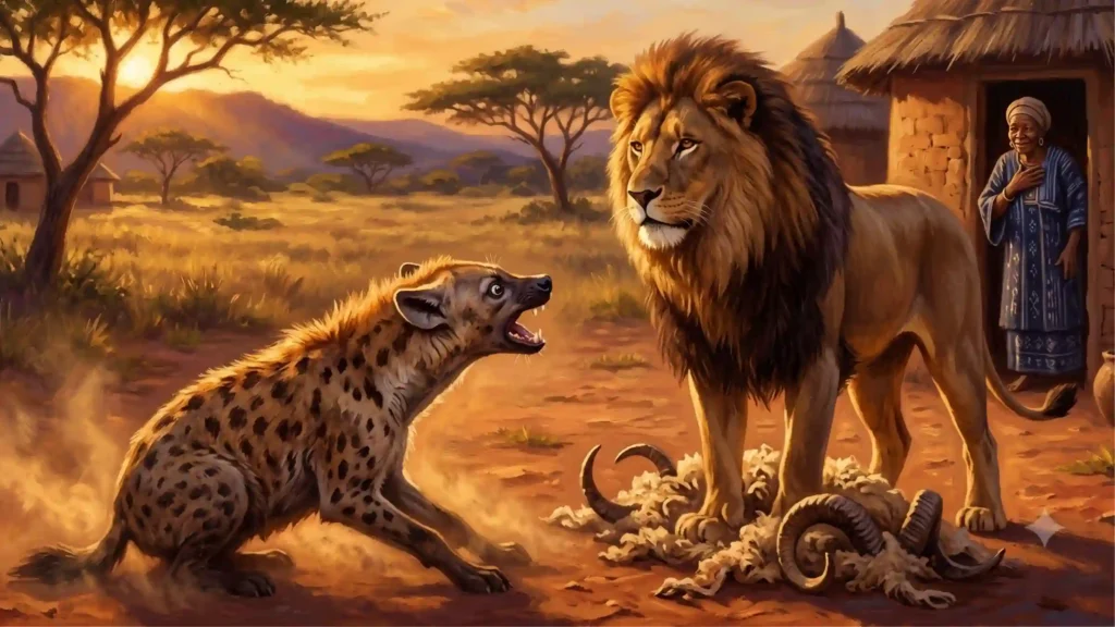 Bouky l'hyène découvrant que le bélier était en réalité le lion vengeur dans le conte du faux berger