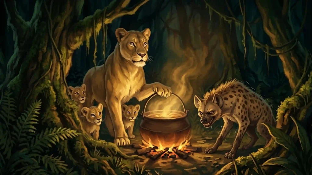 La lionne reprenant la marmite de viande à Bouky l'hyène prise en flagrant délit d'égoïsme