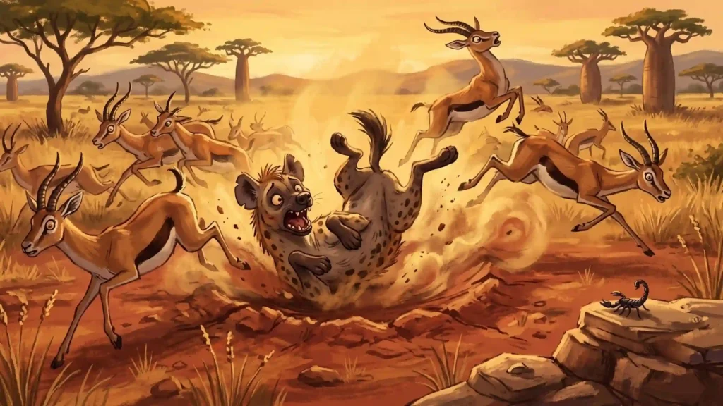 Bouky l'hyène propulsée dans le troupeau de gazelles après la piqûre du scorpion