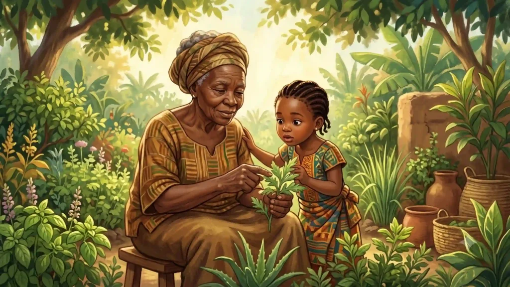 Une grand-mère africaine transmettant le savoir des plantes médicinales à son petit-enfant