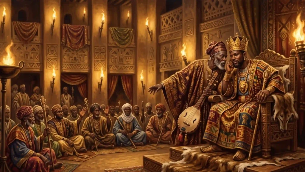 Le griot Balla Fasséké Kouyaté conseillant l'empereur Soundiata Keïta à la cour du Mali au XIIIe siècle