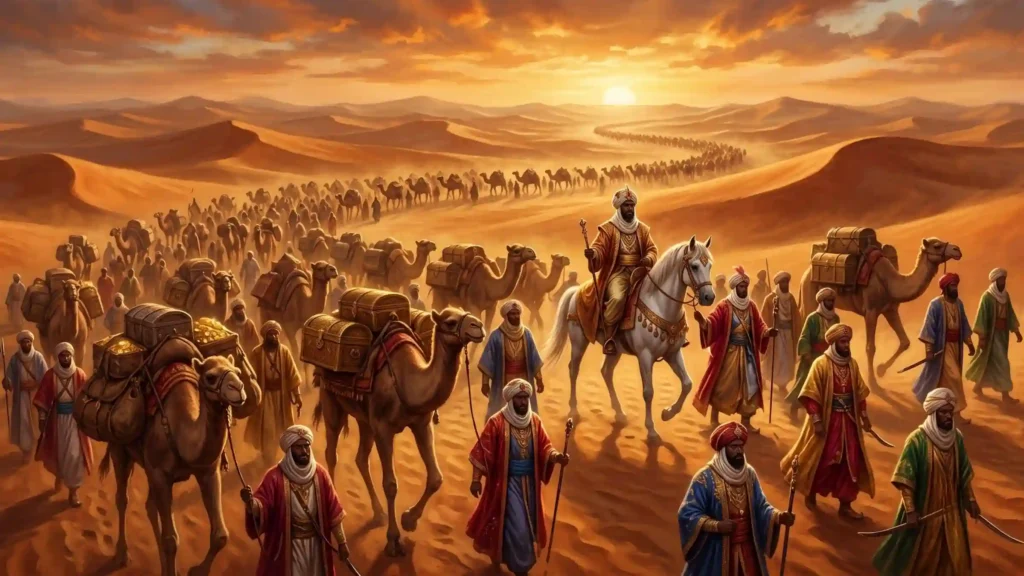 La caravane de Mansa Moussa traversant le Sahara lors de son pèlerinage vers La Mecque en 1324