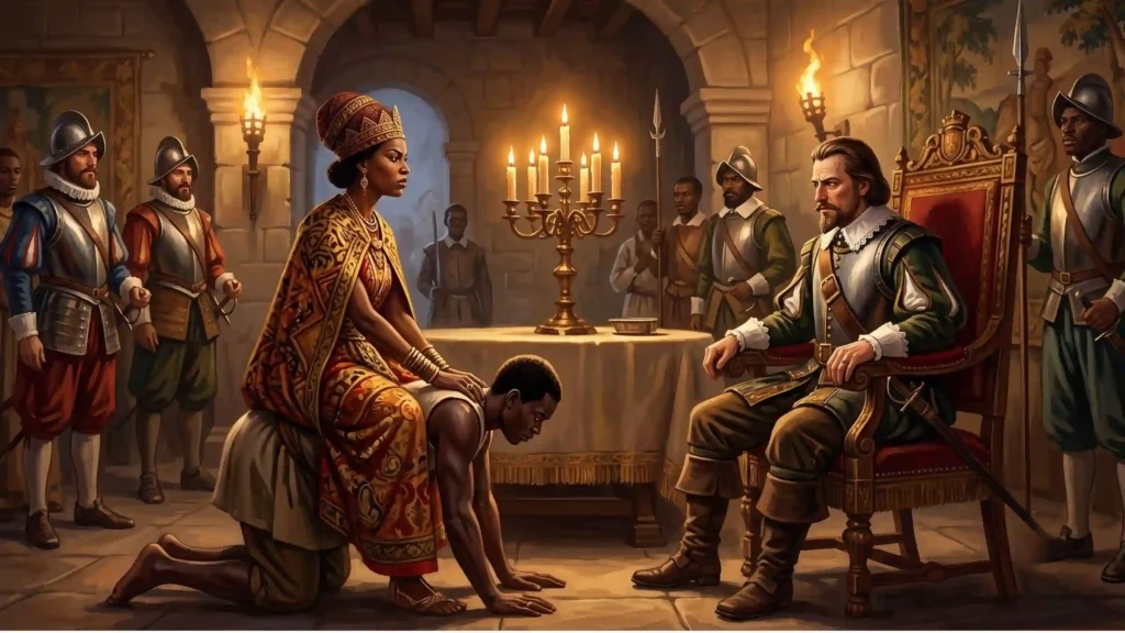 Njinga Mbandi négociant d'égal à égal avec le gouverneur portugais à Luanda en 1622