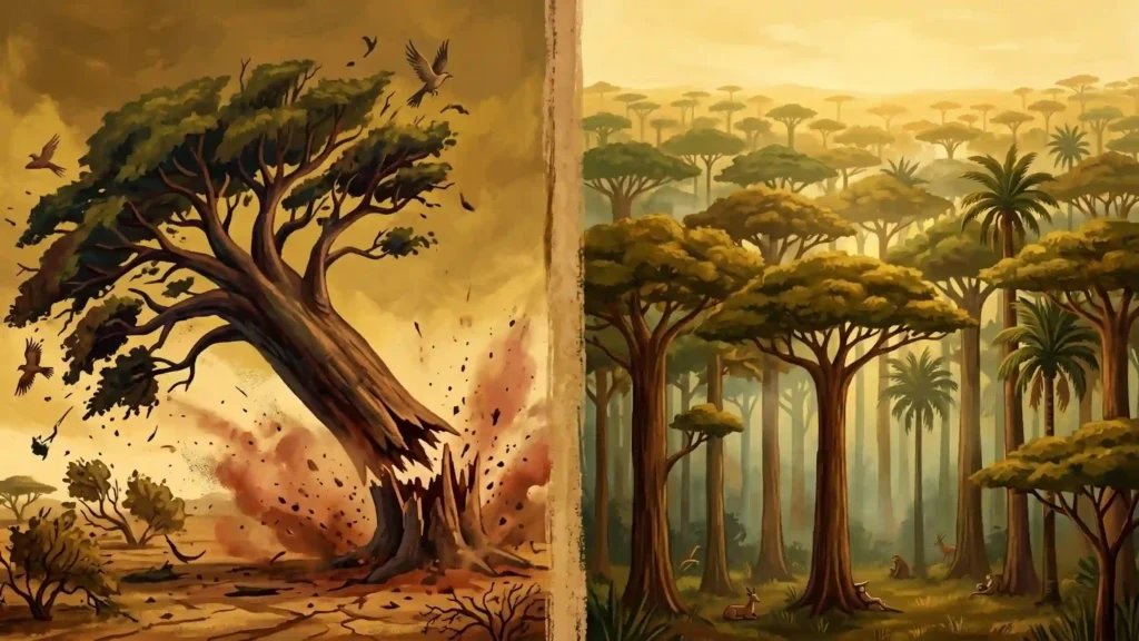 Illustration du proverbe africain : l'arbre qui tombe fait plus de bruit que la forêt qui pousse