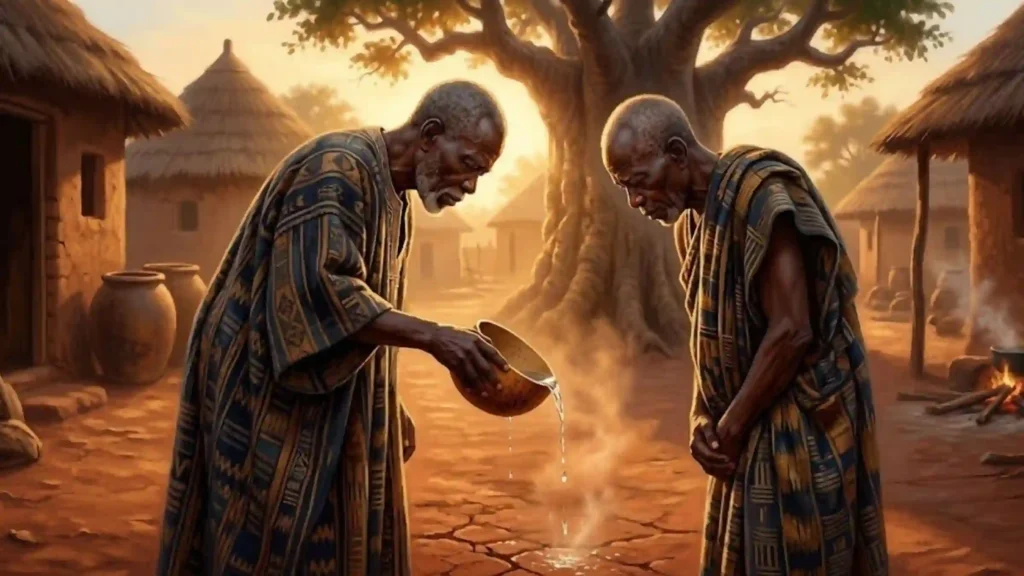 Libation aux ancêtres versant les premières gouttes d'eau sur la terre dans la tradition africaine