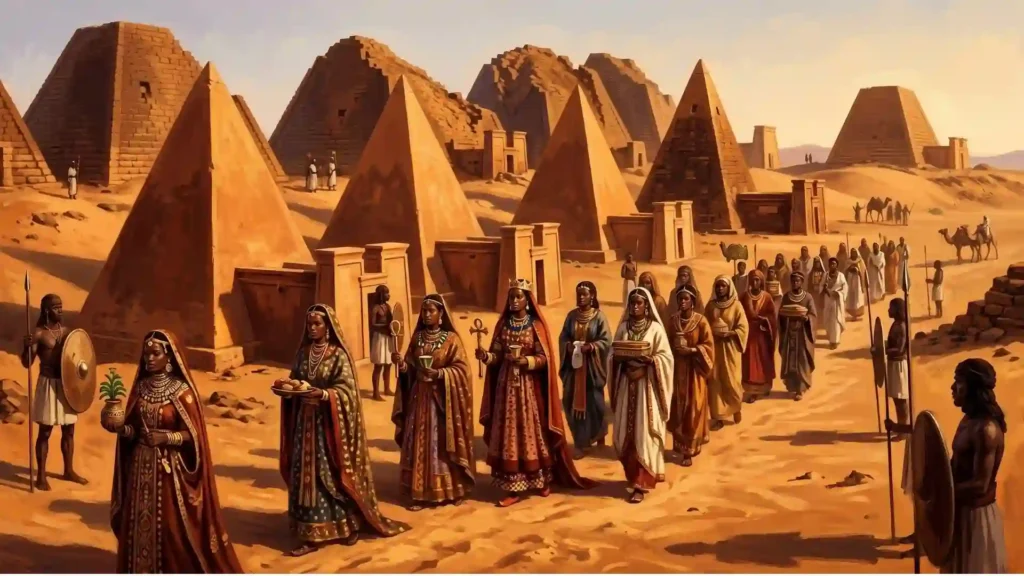 Une procession de nobles femmes nubiennes richement vêtues marchant devant les pyramides de Méroé, illustrant la société matriarcale du Royaume de Koush.