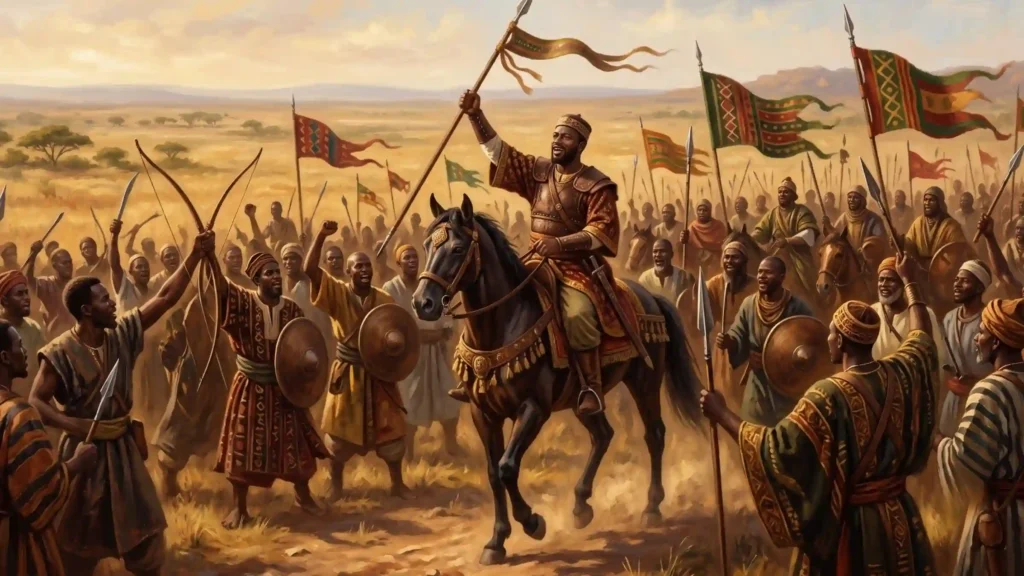 Soundiata Keïta victorieux après la bataille de Kirina en 1235 fondant l'Empire du Mali