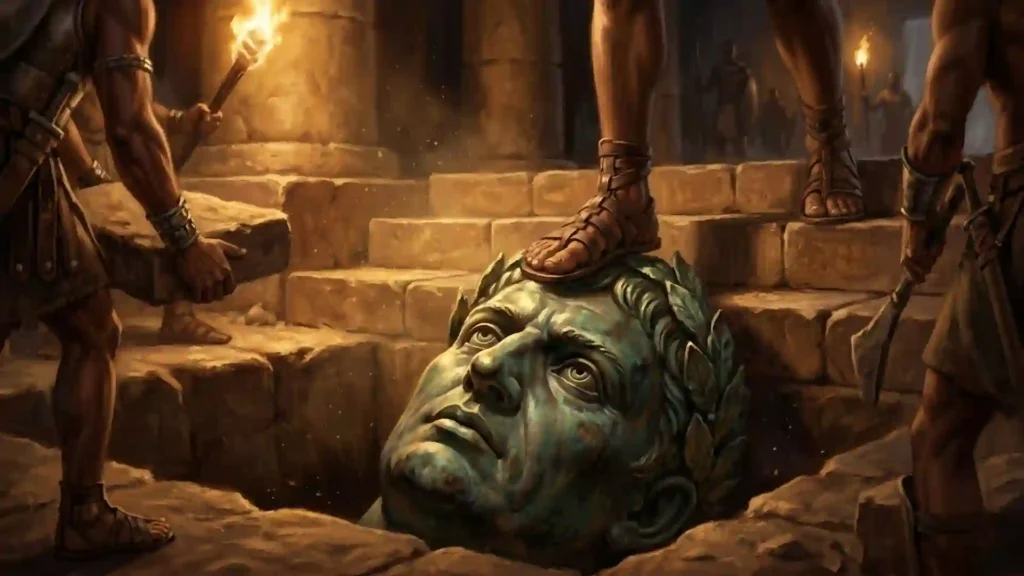 La tête en bronze de l'empereur romain Auguste enterrée sous les marches d'un temple à Méroé, piétinée par un pied nubien.